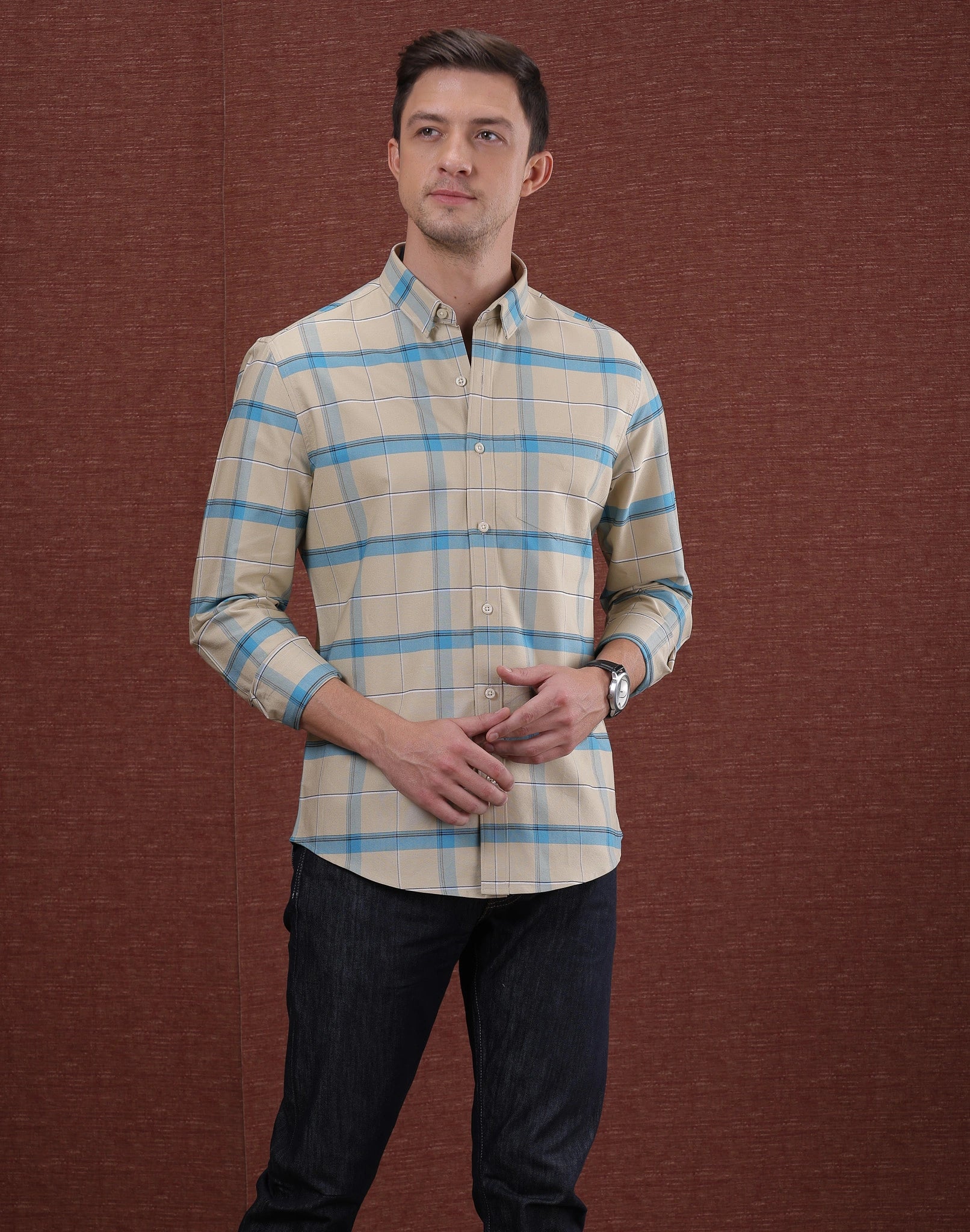 CREAM AND BLUE BOX CHECK SHIRT