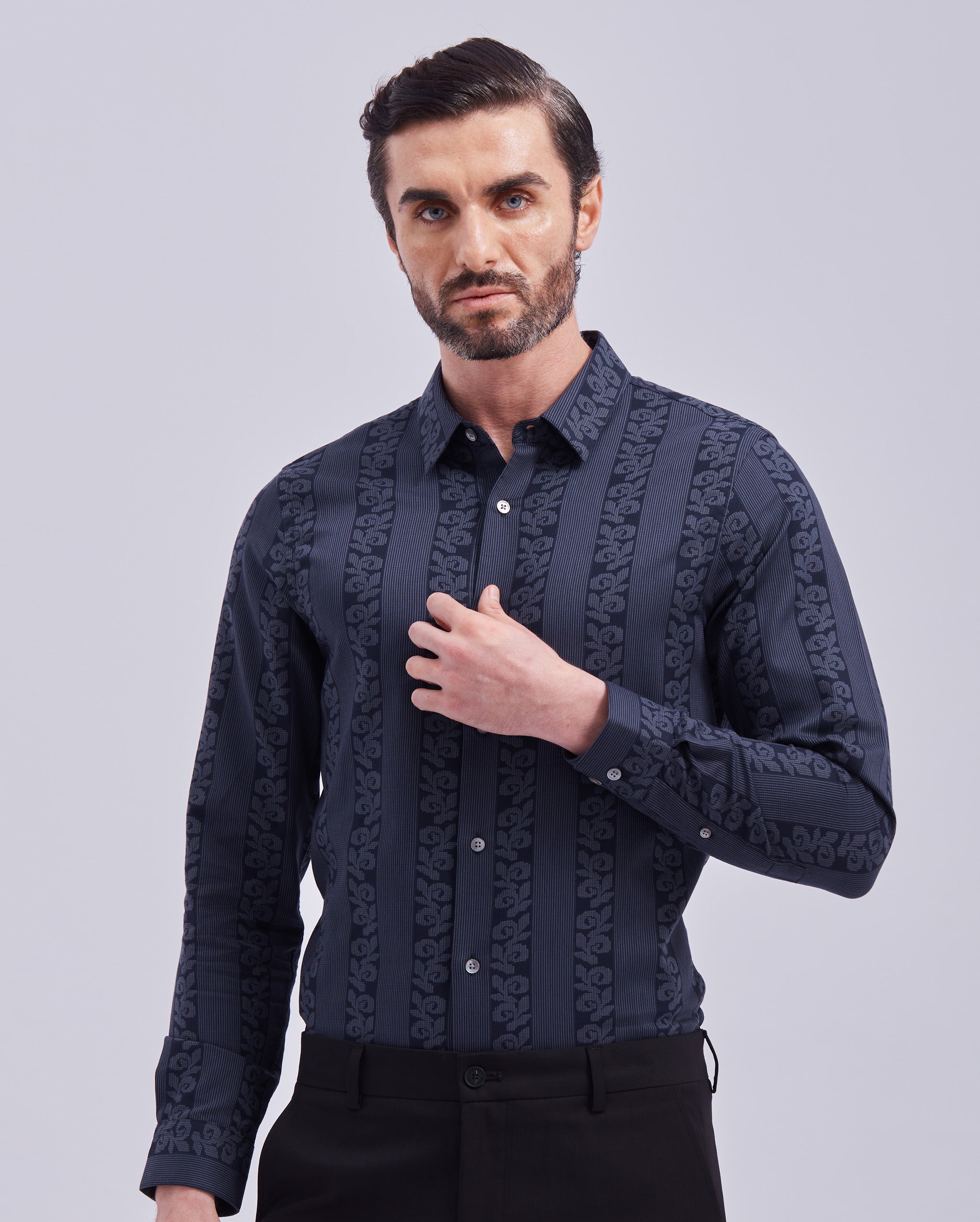 Navy Blue Jacquard Print Shirt