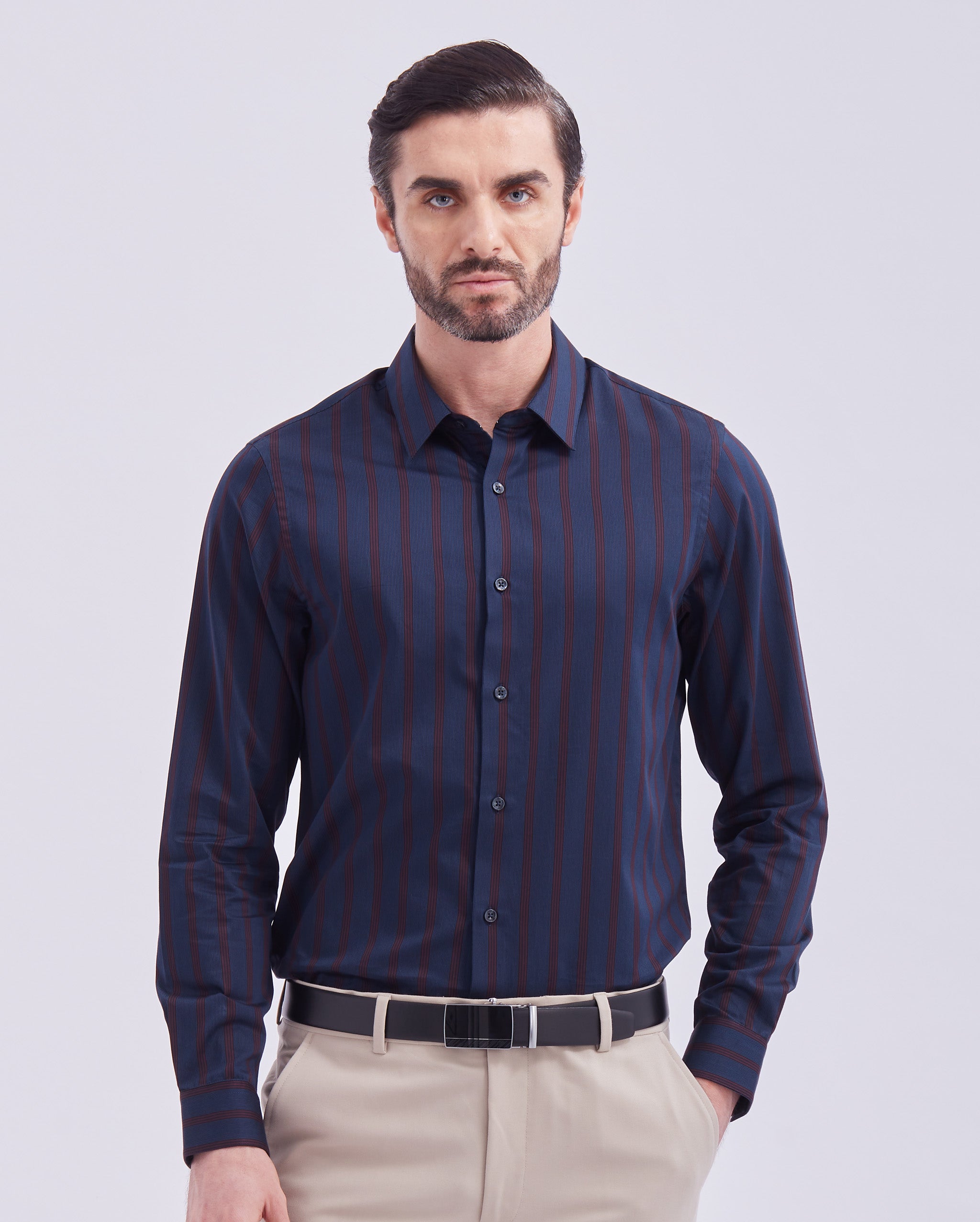 Navy Blue And Red Giza Stripe Shirt