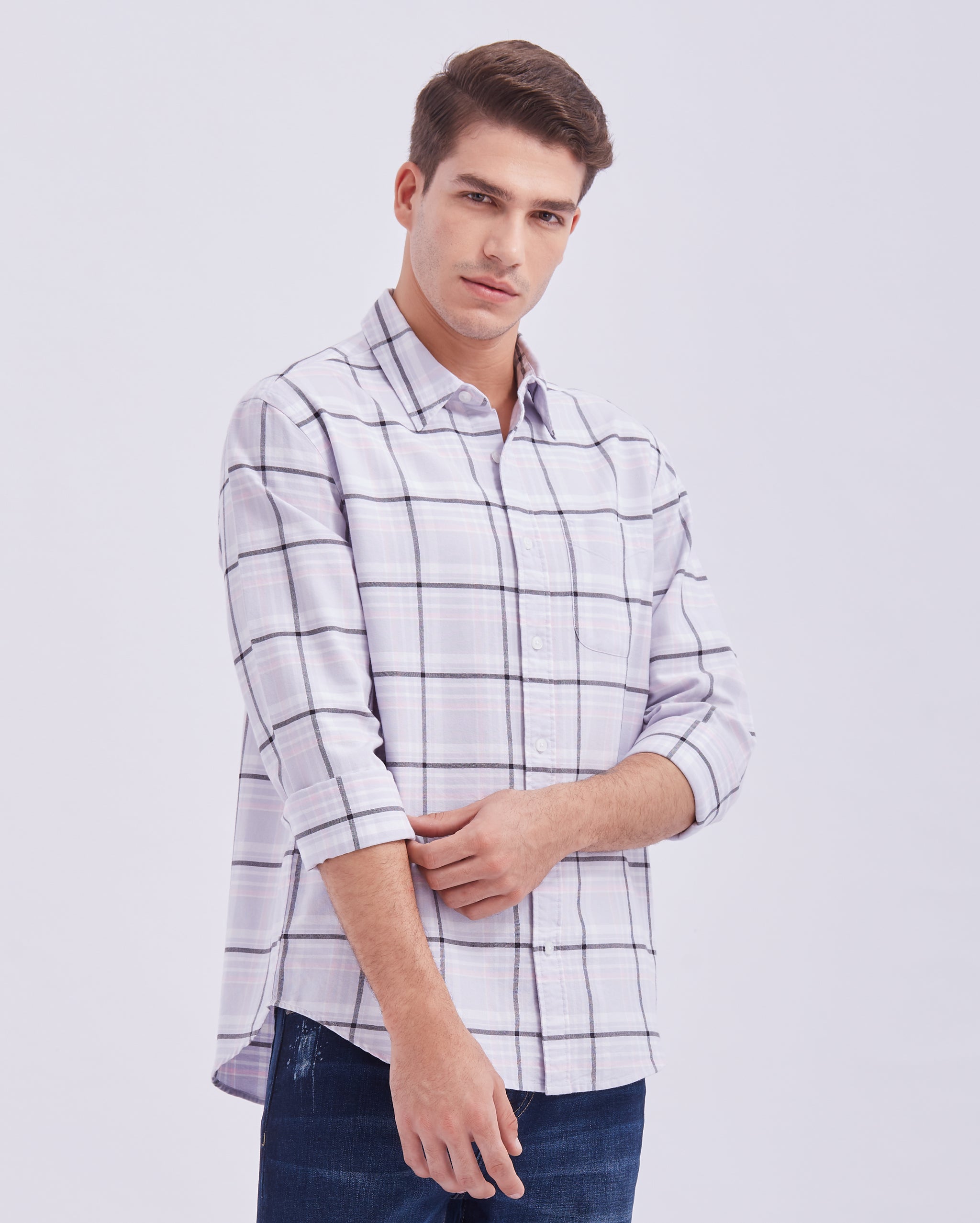 Pale Lilac And Grey Box Check Shirt