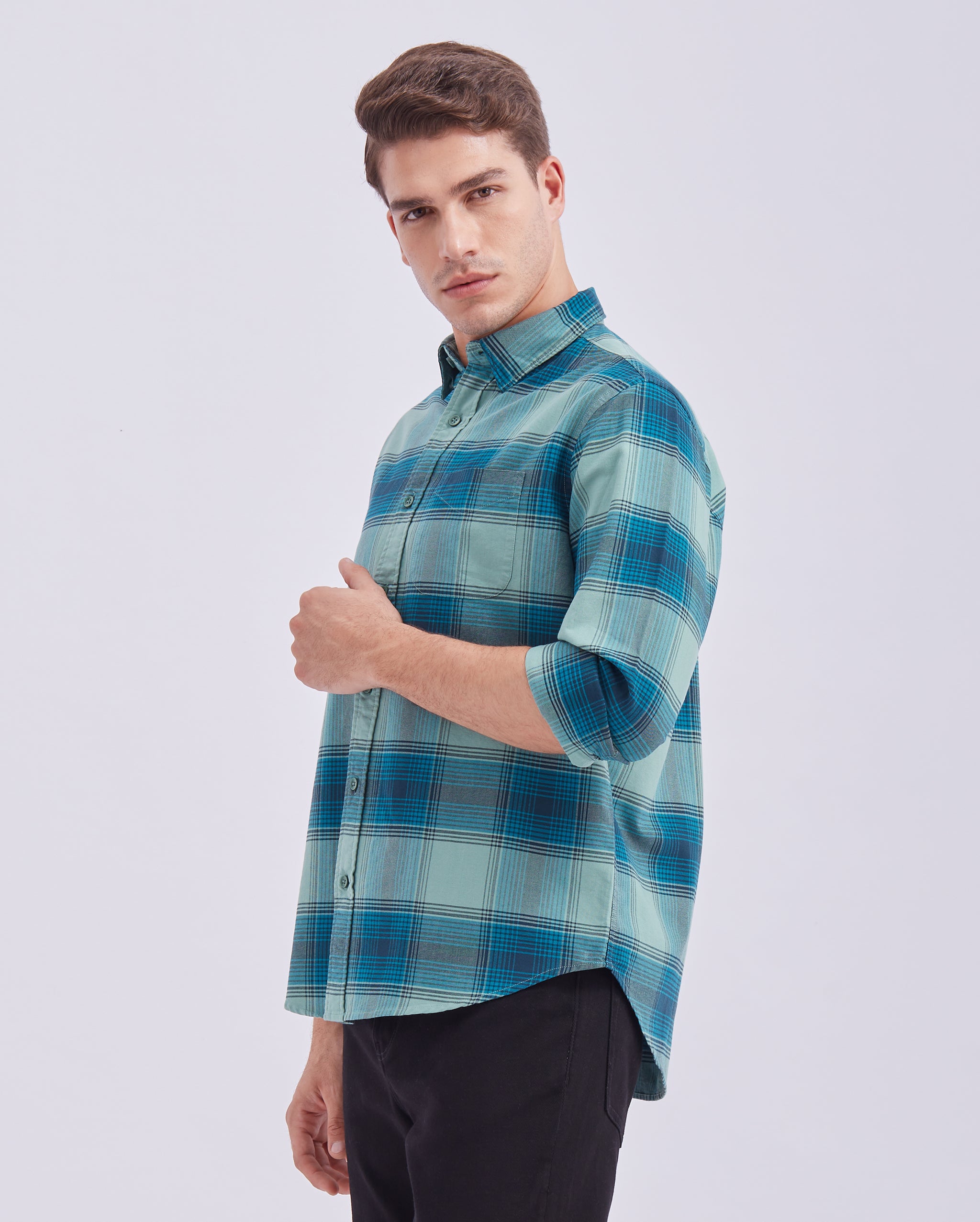 Teal And Black Check Shirt