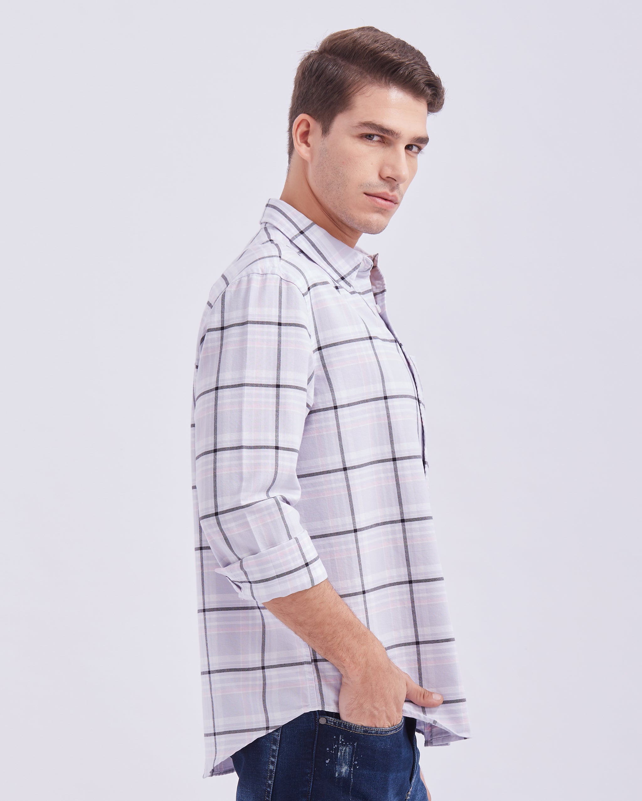Pale Lilac And Grey Box Check Shirt