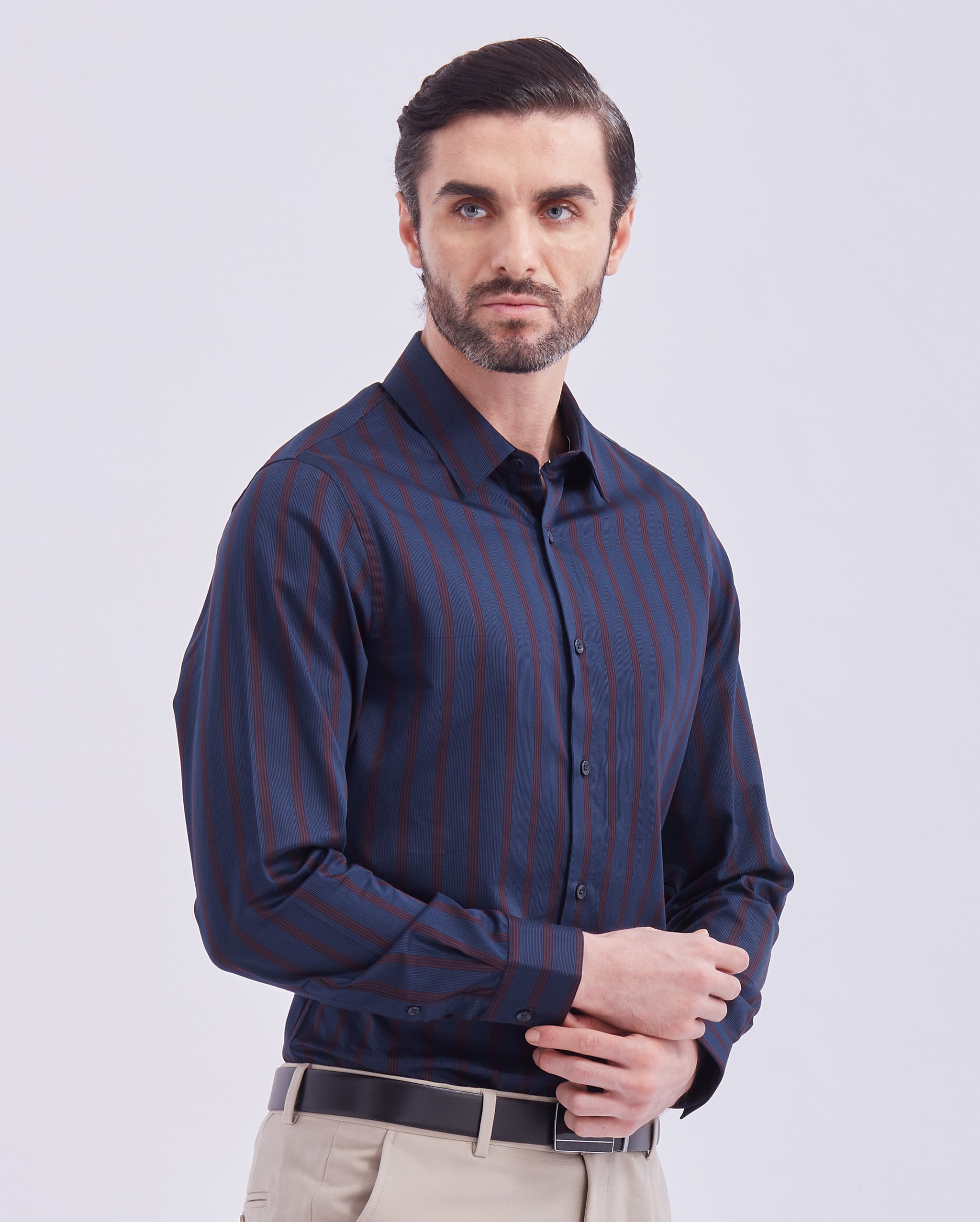 Navy Blue And Red Giza Stripe Shirt