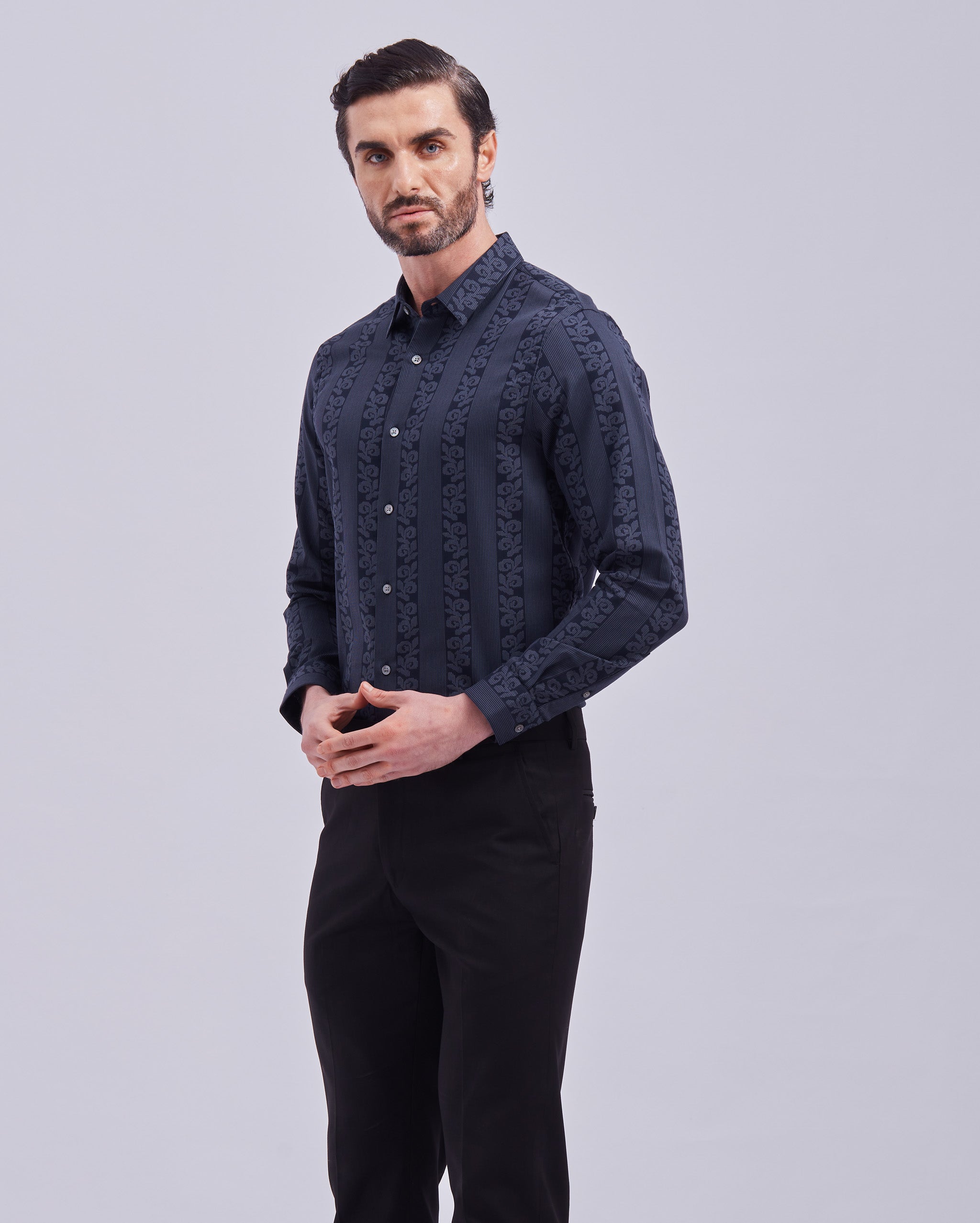 Navy Blue Jacquard Print Shirt