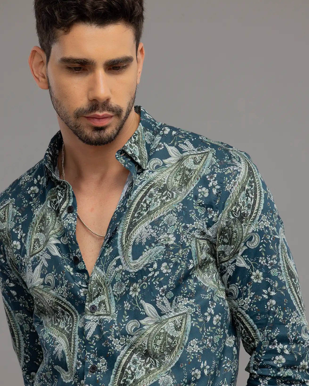 PEACOCK  BLUE FLORAL PRINT SHIRT