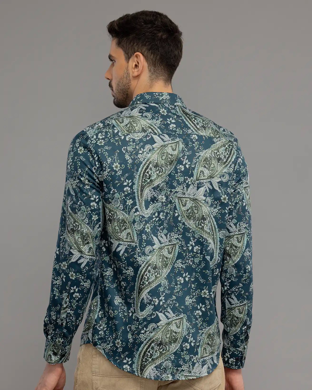 PEACOCK  BLUE FLORAL PRINT SHIRT