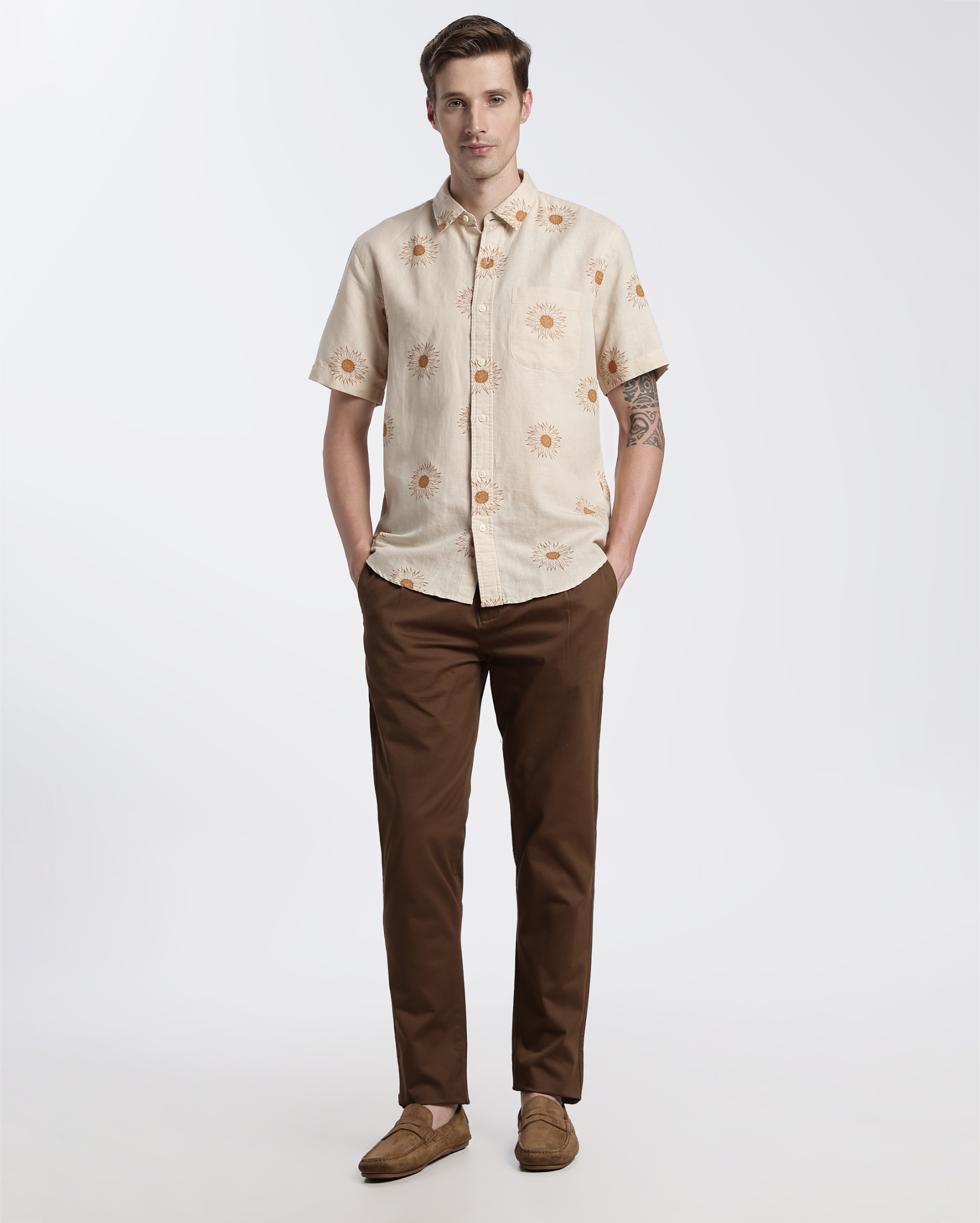 Off-White and Brown Floral Print Shirt