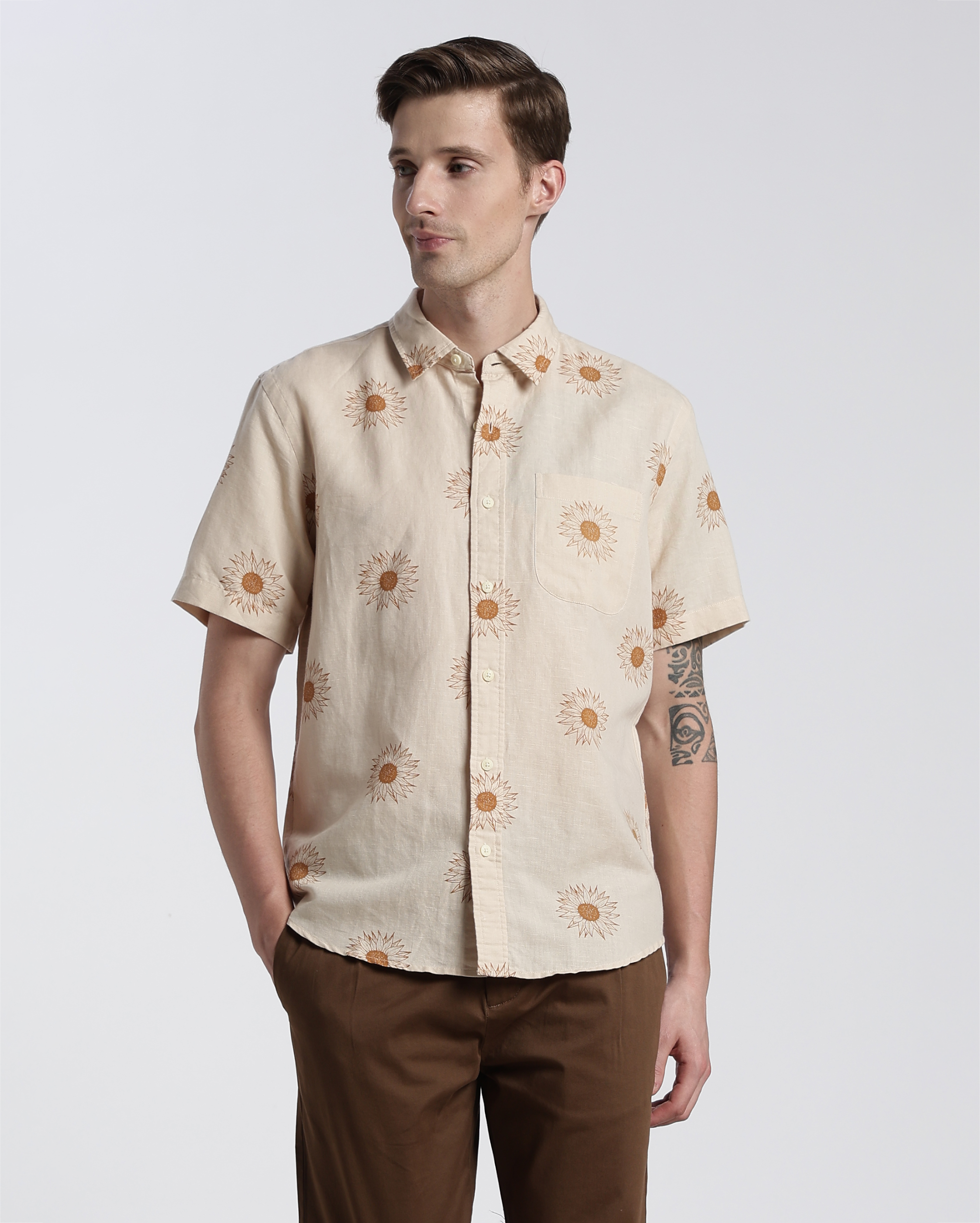 Off-White and Brown Floral Print Shirt