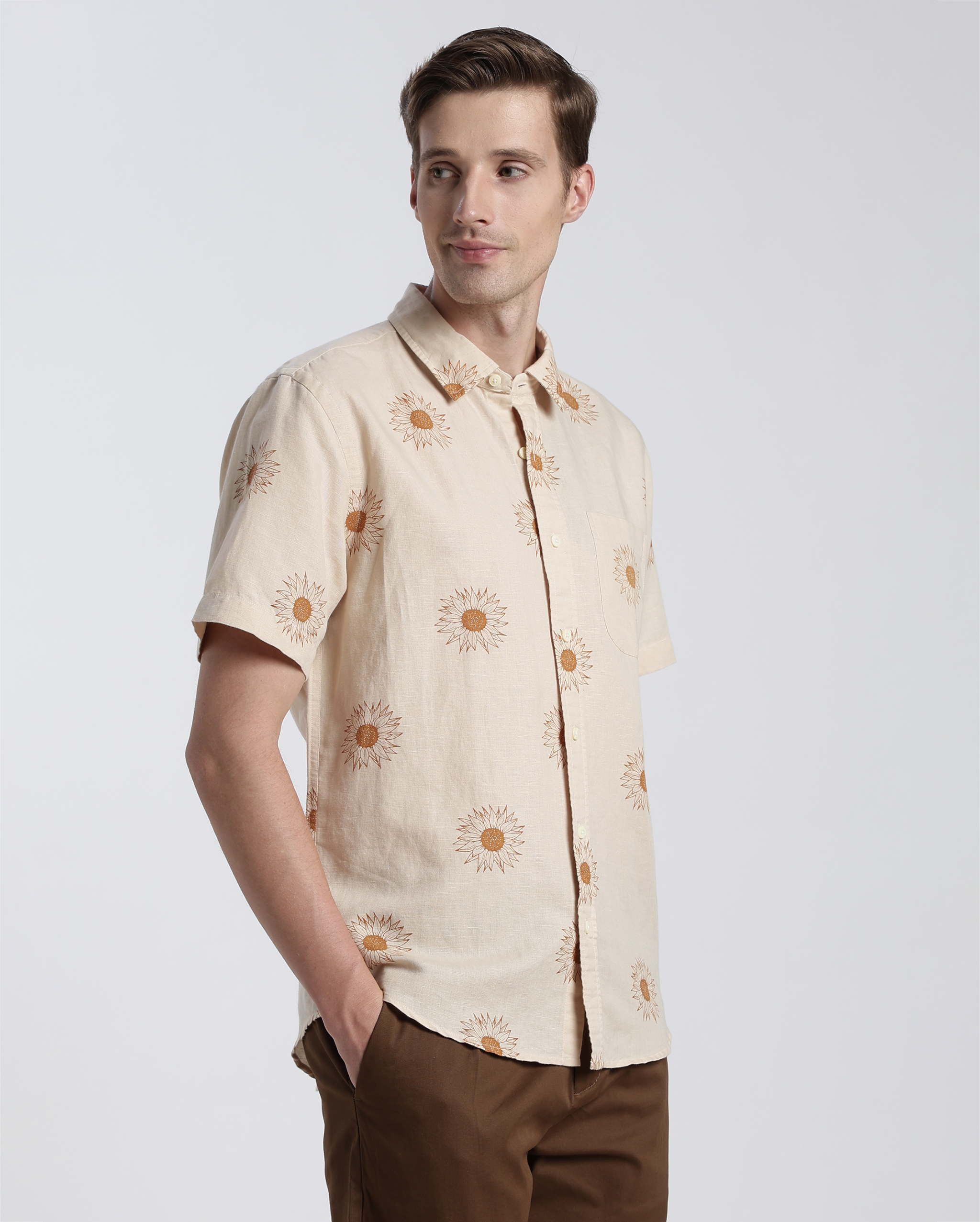 Off-White and Brown Floral Print Shirt
