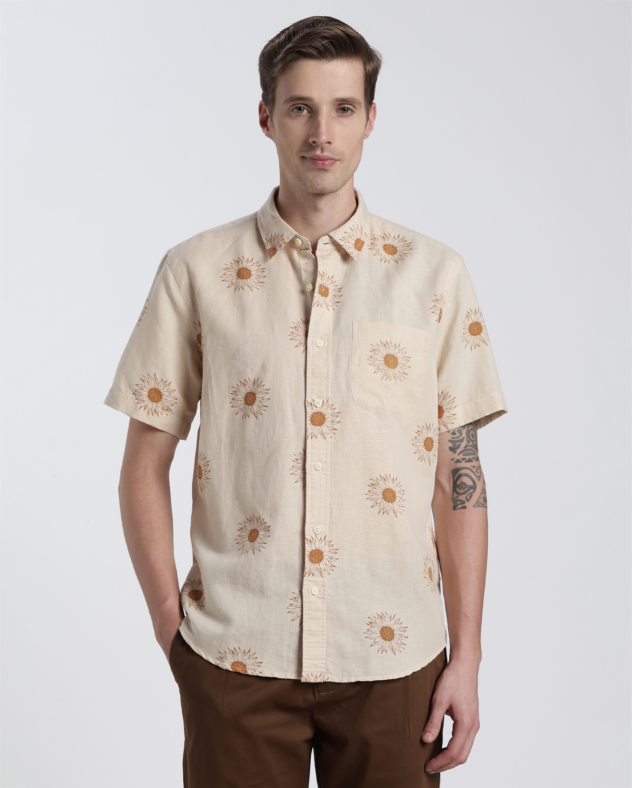 Off-White and Brown Floral Print Shirt