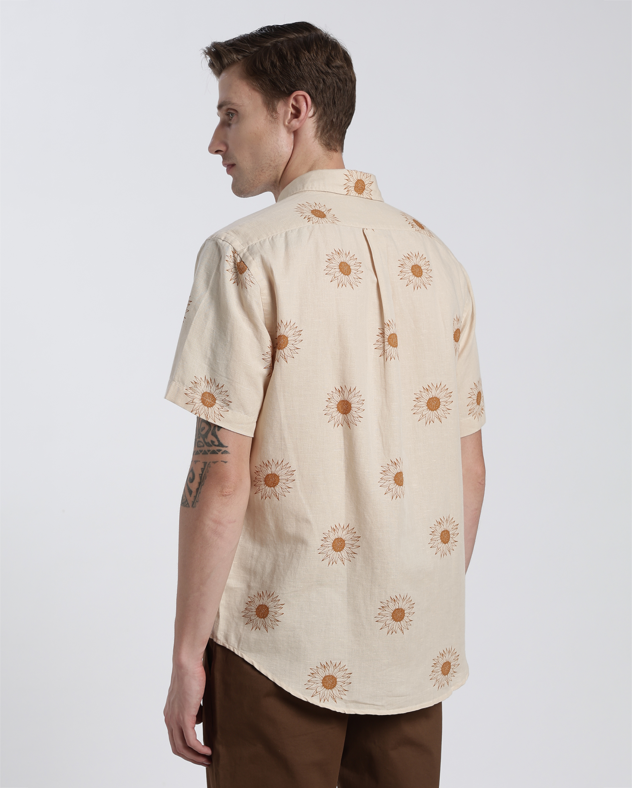 Off-White and Brown Floral Print Shirt