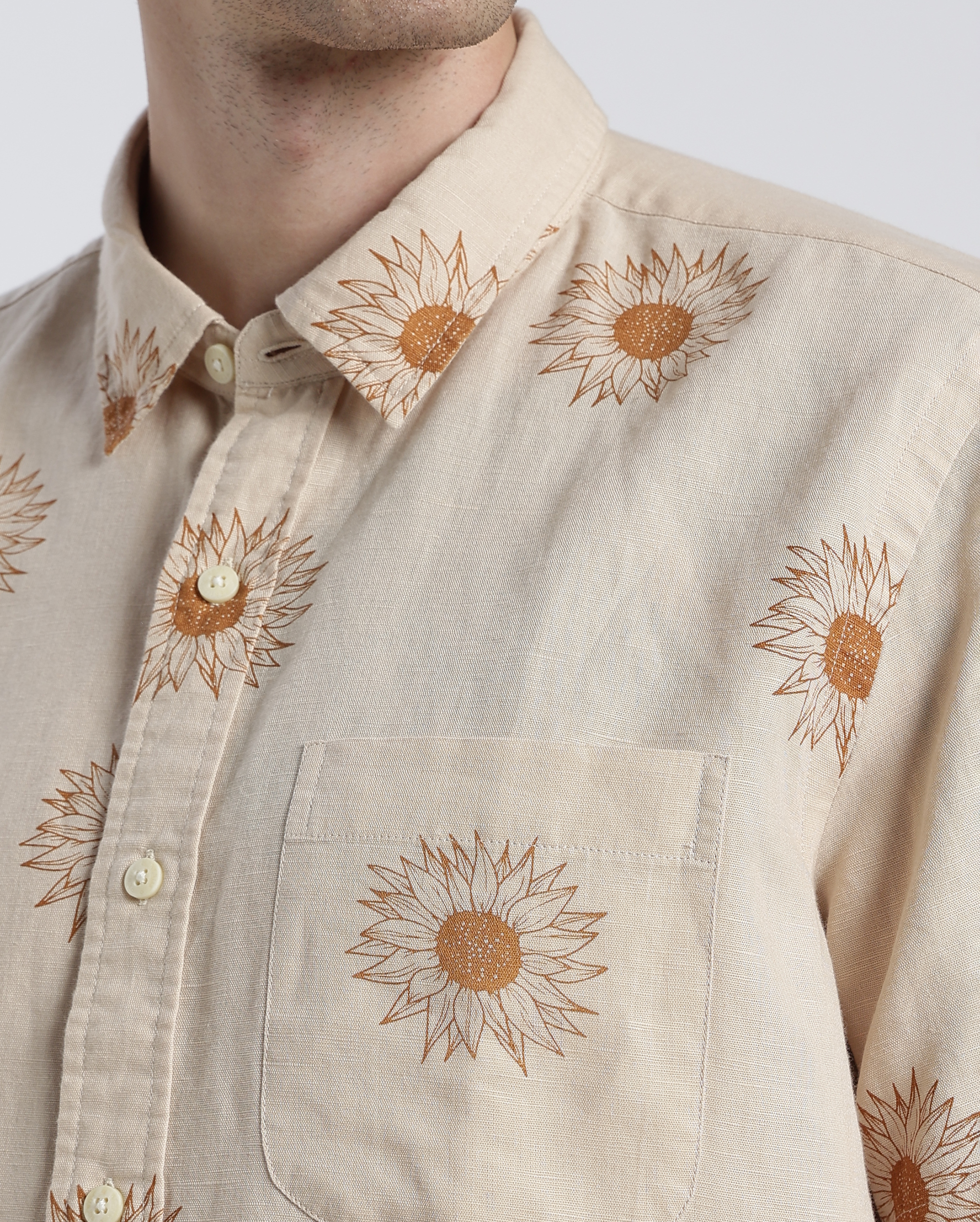 Off-White and Brown Floral Print Shirt