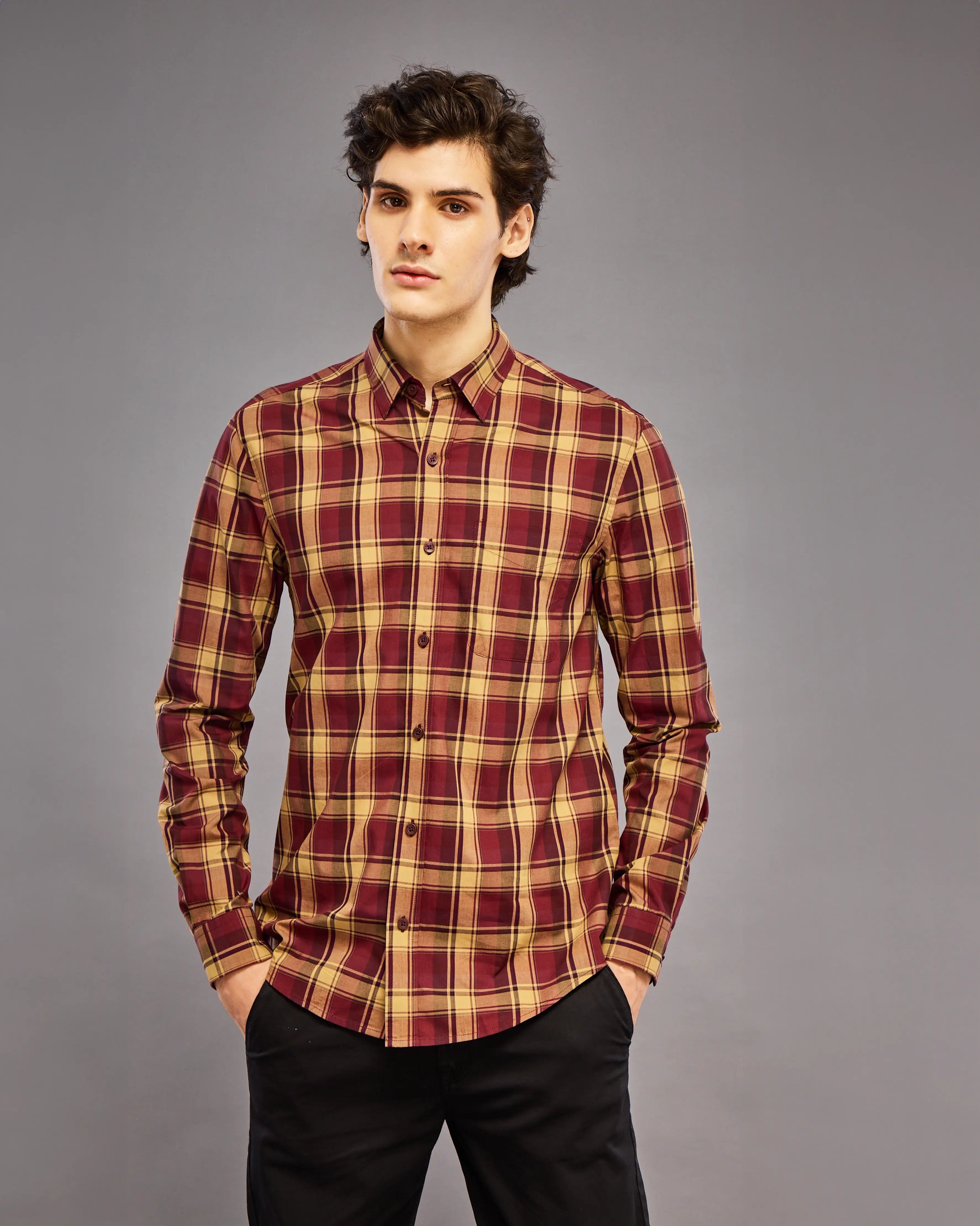 MAROON AND YELLOW TARTAN CHECK SHIRT