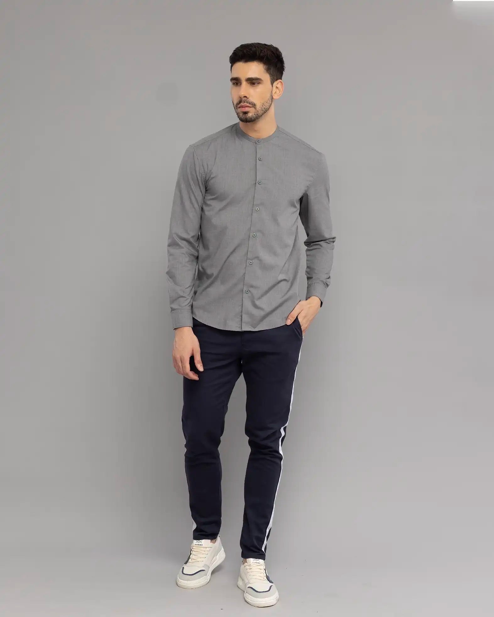 GREY MANDARIN COLLAR SHIRT