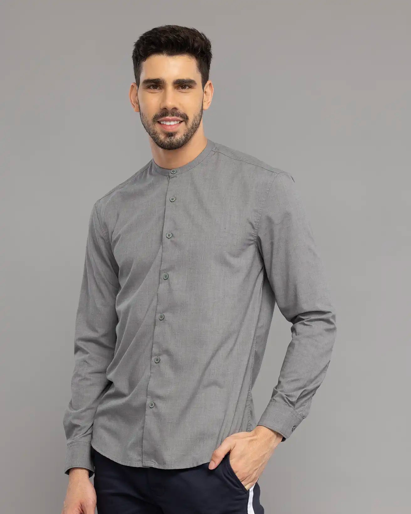 GREY MANDARIN COLLAR SHIRT