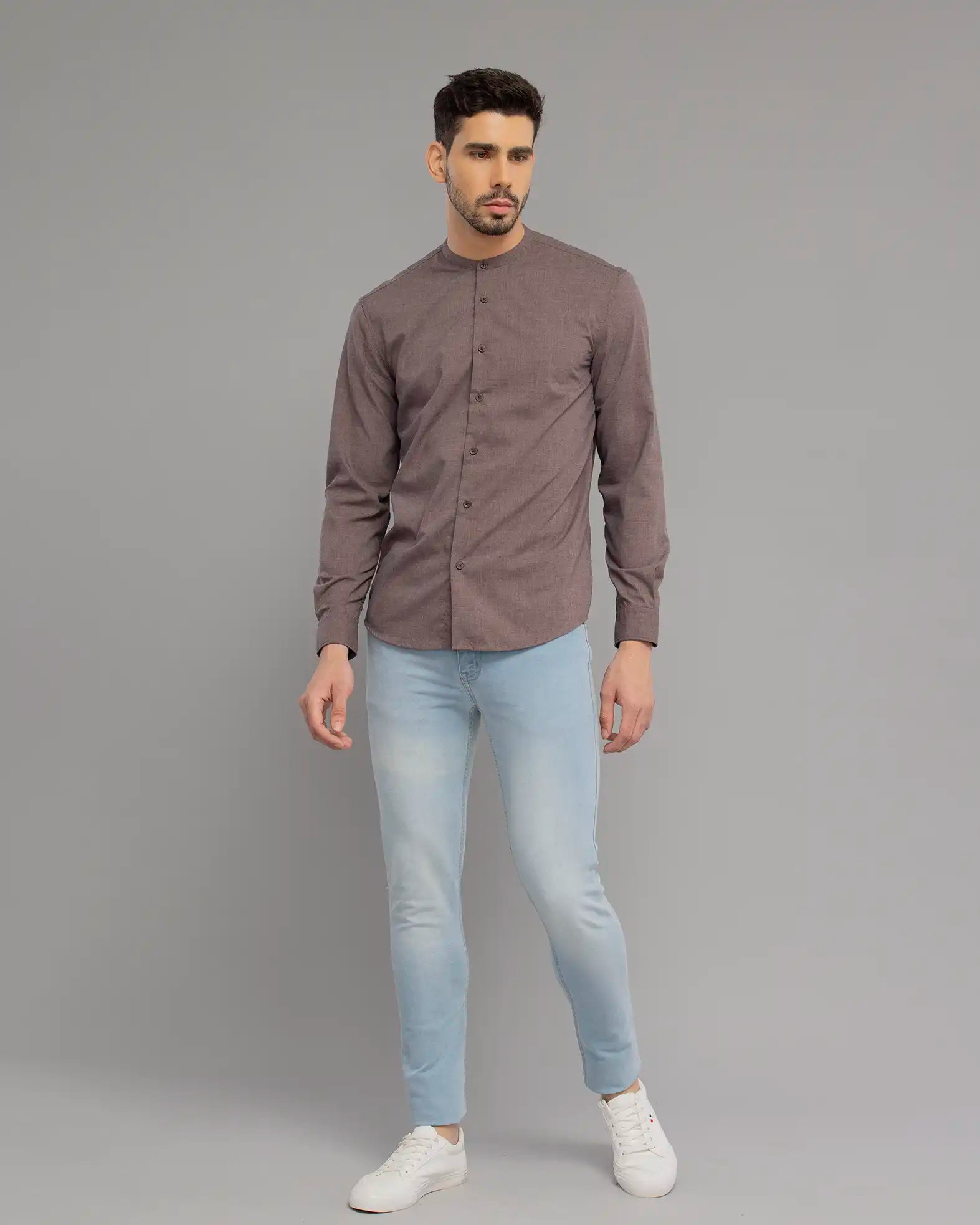 BROWN MANDARIN COLLAR SHIRT