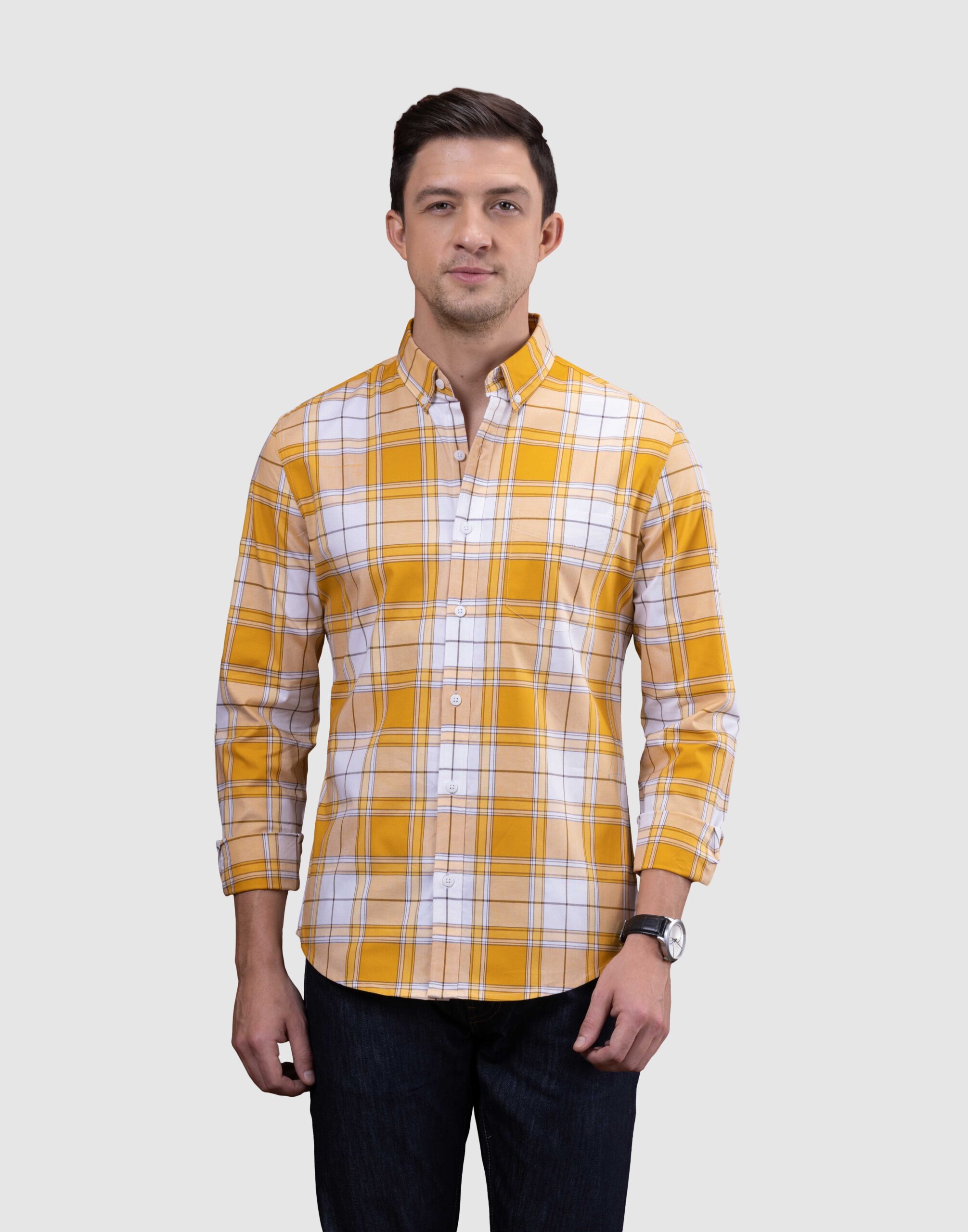 Shop men's epic yellow cotton check shirt.